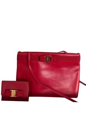Vintage Salvatore Ferragamo Vara  Leather Red Clutch/ Shoulder Bag & Wallet